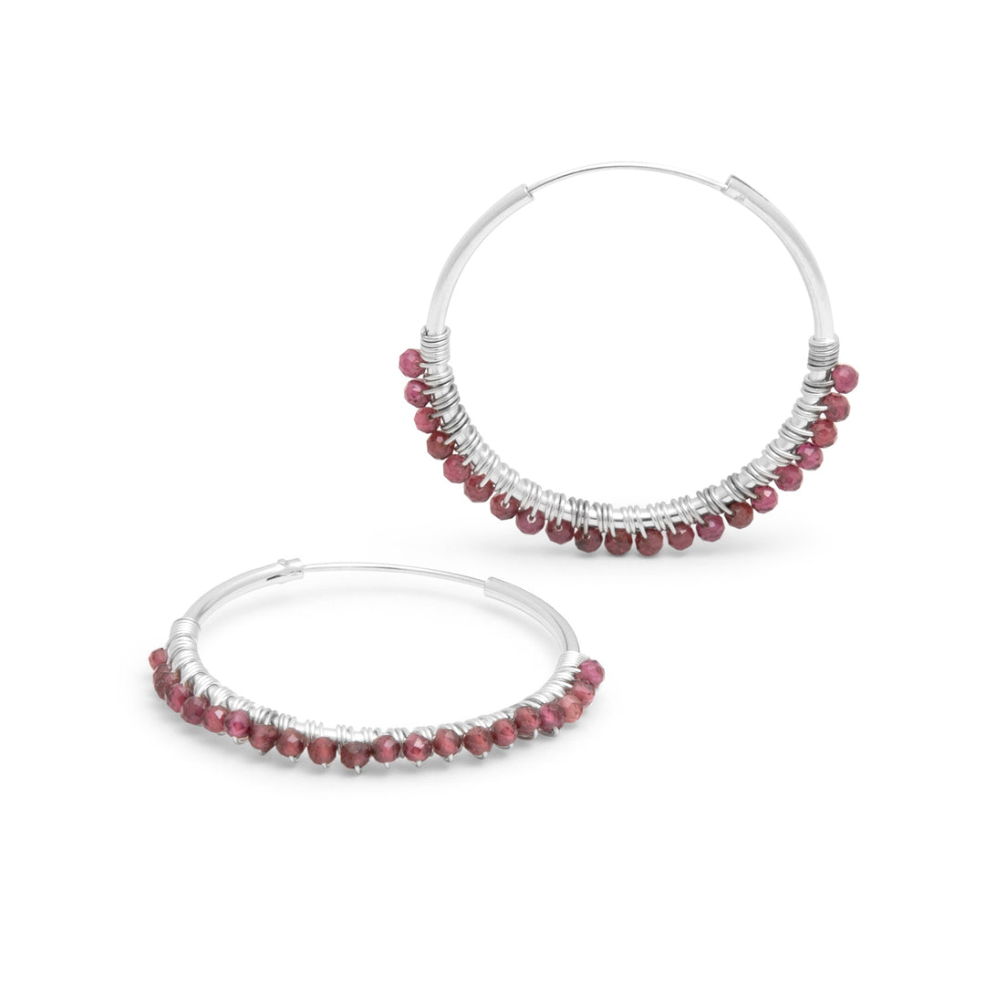 Garnet Silver Hoops