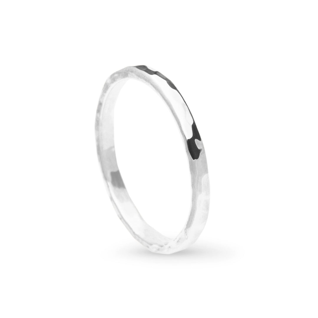 Hammered D-Shaped Silver Band Ring 2mm