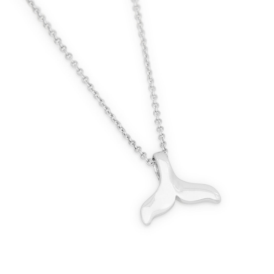 Whale tale shaped 925 sterling silver necklace displayed on white background