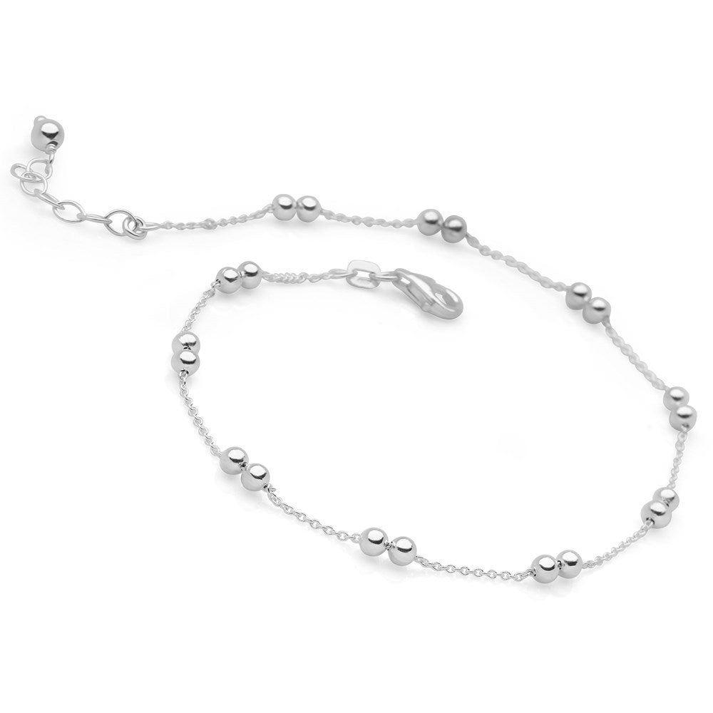 A silver anklet with a classic bead design on a link chain, displayed on a white background.