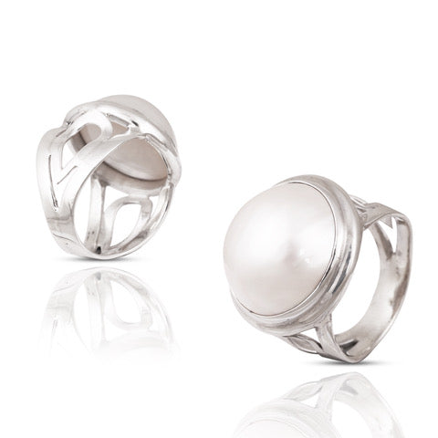 Sterling silver ring, large pearl stone, high polish finish, intricate design on band. 