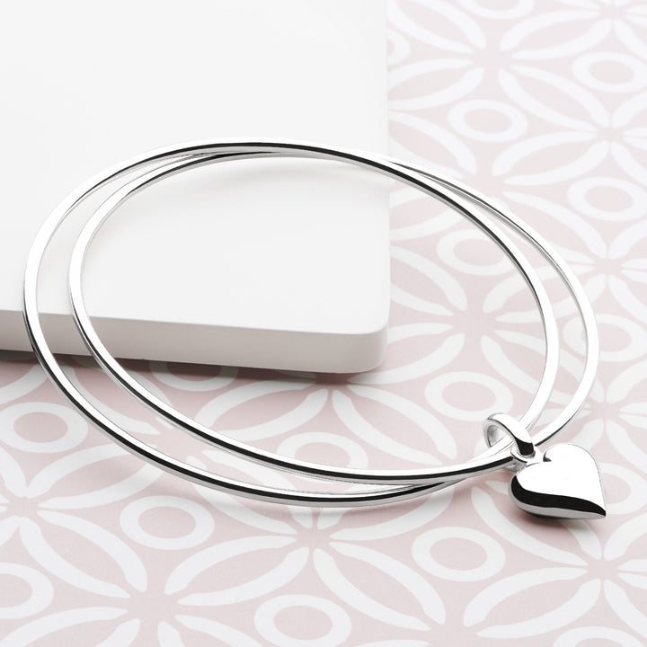 925 sterling silver double band bangle with heart charm (BGL3191)