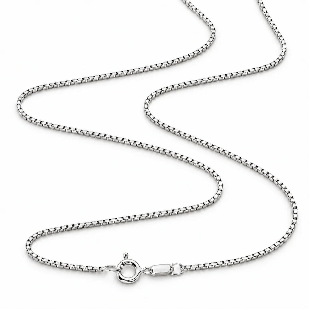 A silver-toned stainless steel box chain necklace with a lobster clasp, shown on a white background.