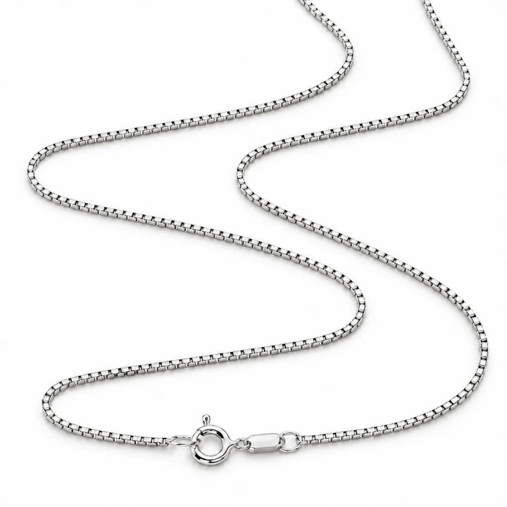 A silver-toned stainless steel box chain necklace with a lobster clasp, shown on a white background.