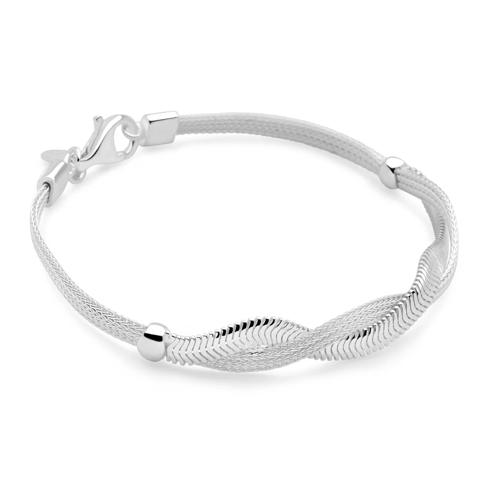 A silver bracelet with a herringbone braid detail in the center, featuring a high polish finish and a clasp.
