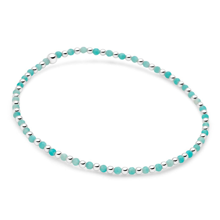 A bracelet with mini-faceted amazonite beads and silver balls against a white background.