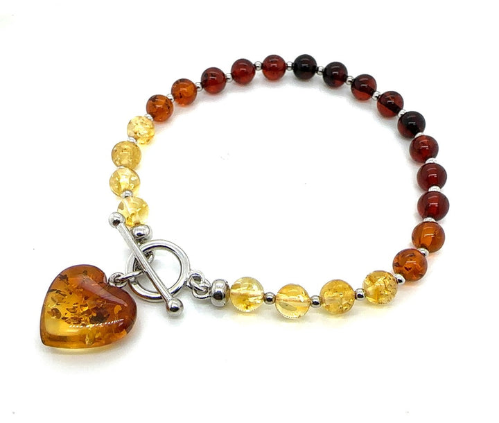 Baltic amber beaded bracelet with a heart-shaped amber charm