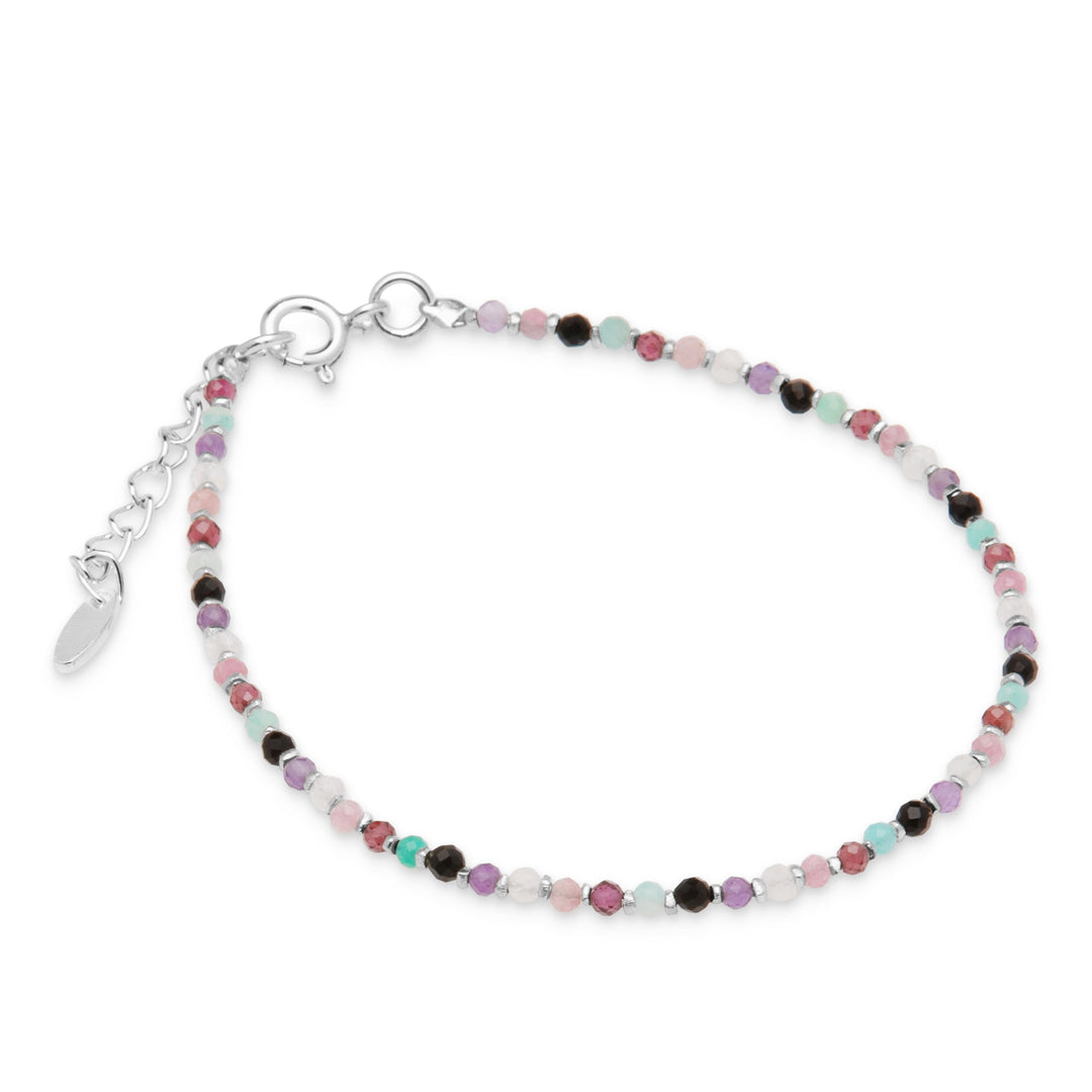 A colorful faceted stone and silver bead bracelet with an adjustable clasp on a white background.