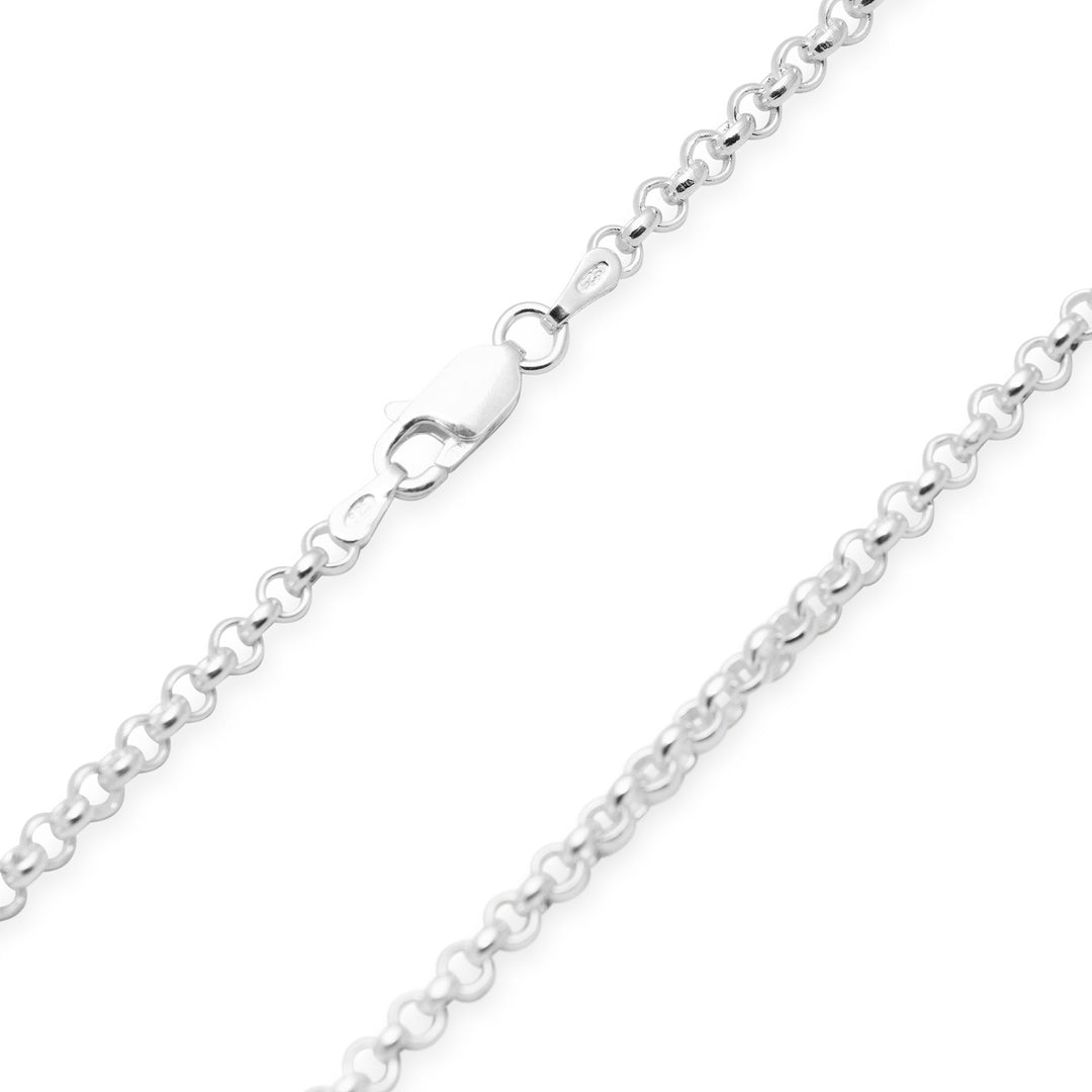 A silver rolo chain necklace with a lobster claw clasp, displayed on a white background.