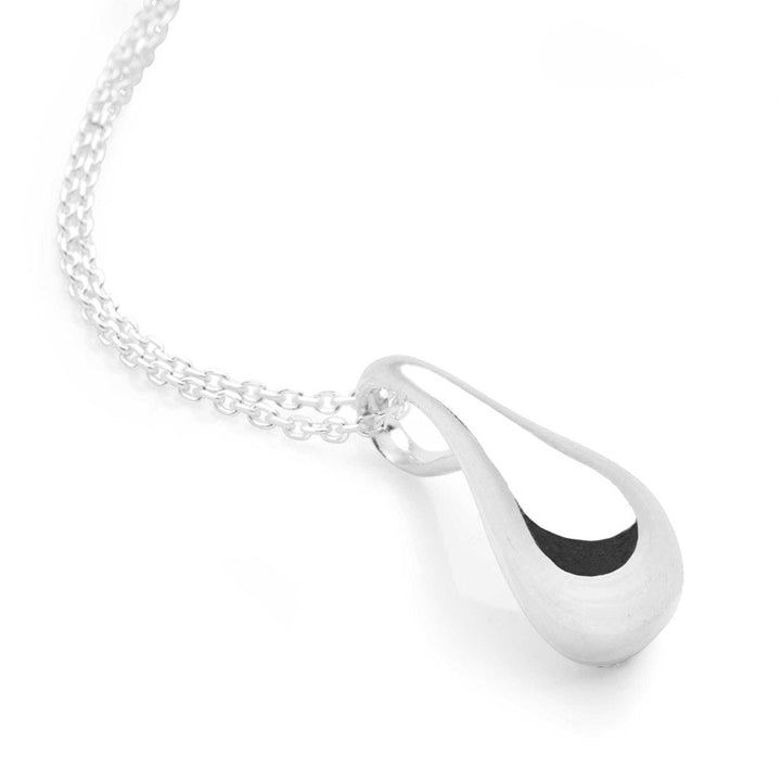 A silver drop-shaped pendant necklace with a high polish finish, displayed against a white background.