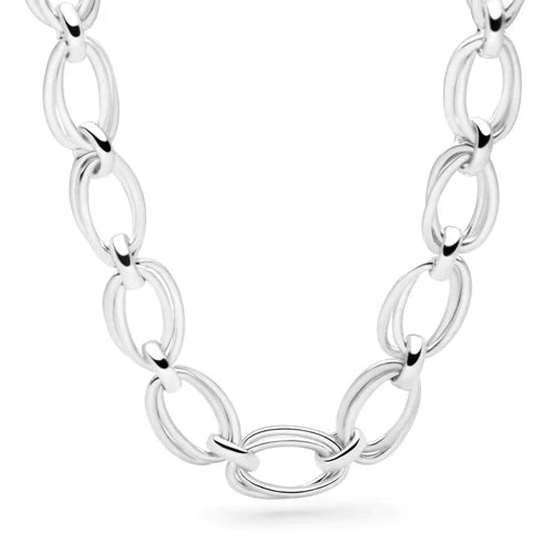 Close up photo of silver necklace with a T-bar clasp and polished finish, featuring linked ovals. 925 sterling silver. 
