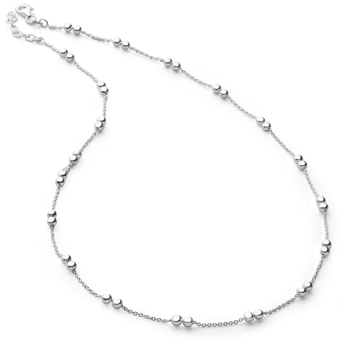 A silver necklace with beads threaded on a link chain, displayed on a white background.