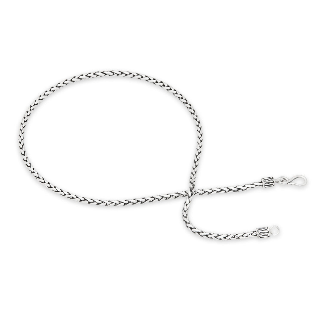 A silver chain necklace with a Padian weave design, featuring a high polish and oxidised finish, displayed on a white background.