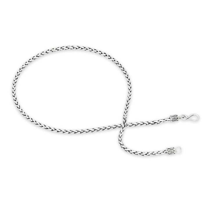 A silver chain necklace with a Padian weave design, featuring a high polish and oxidised finish, displayed on a white background.