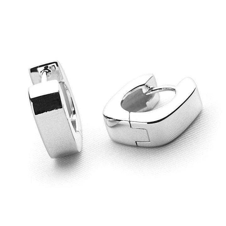 Sterling silver rectangular thick hoop earrings, clasp back, high polish finish. 