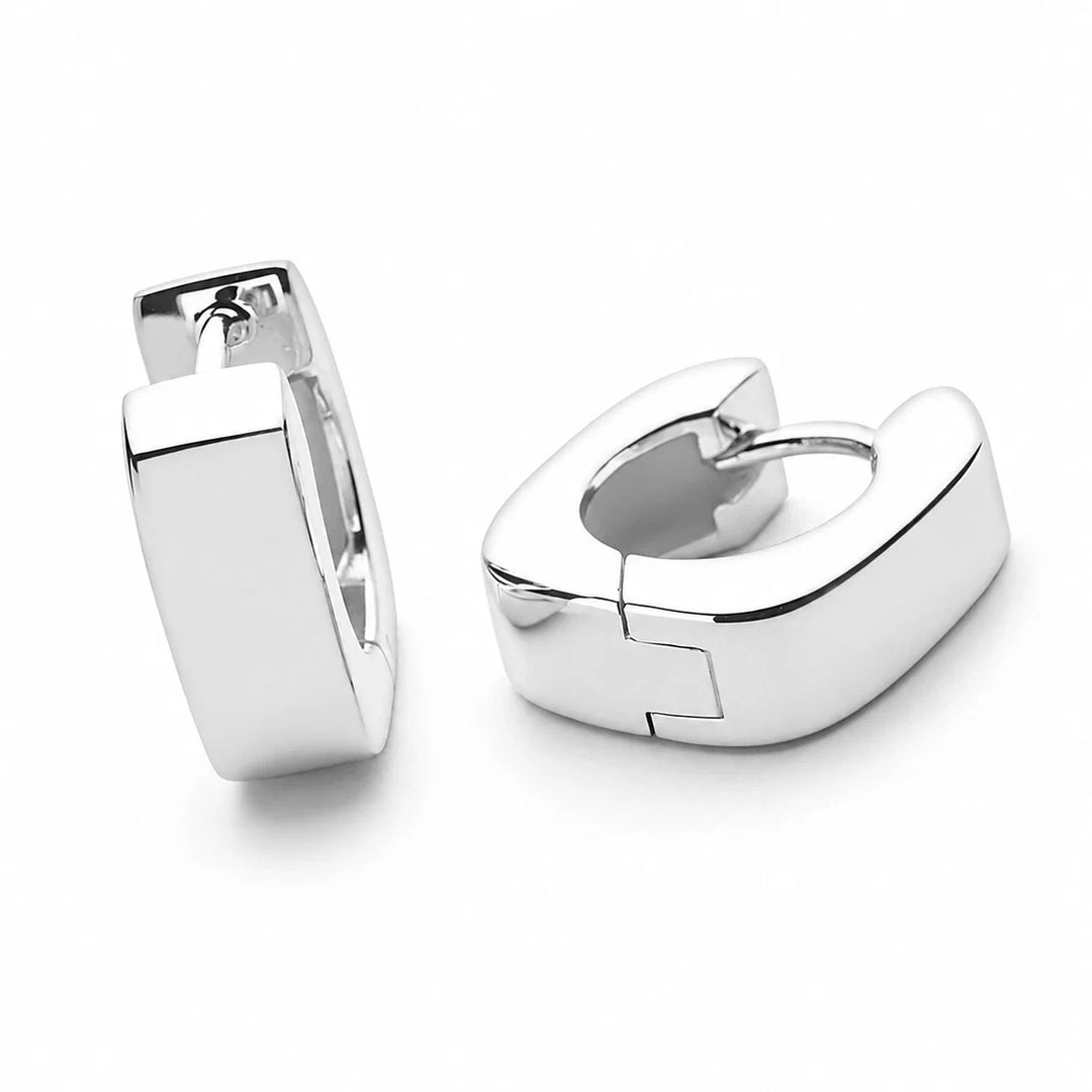 Sterling silver rectangular thick hoop earrings, clasp back, high polish finish. 