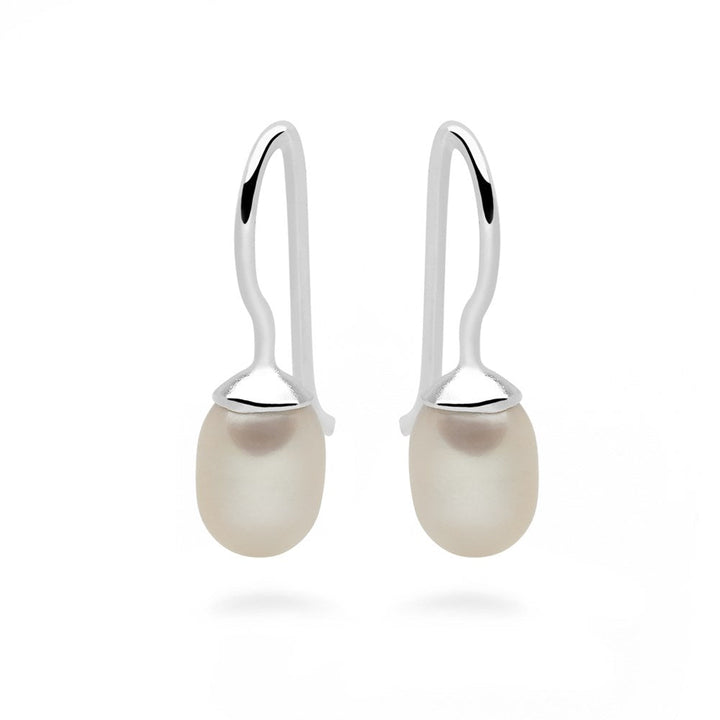 A pair of silver-colored pearl drop earrings with a high polish finish.