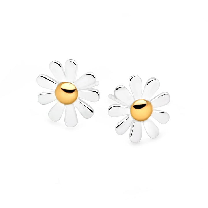 Pair of daisy-shaped earrings with gold centres and silver petals. 