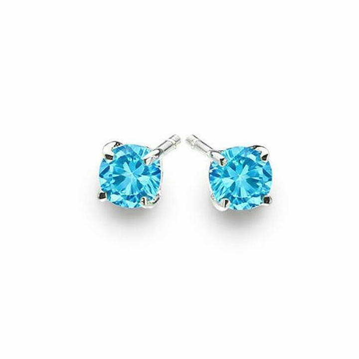 Pair of blue gemstone stud earrings on a white background