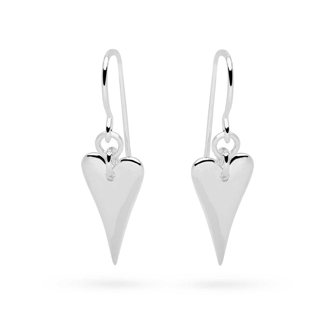 A pair of sterling silver heart-shaped earrings with a high polish finish, hanging from wire hooks.