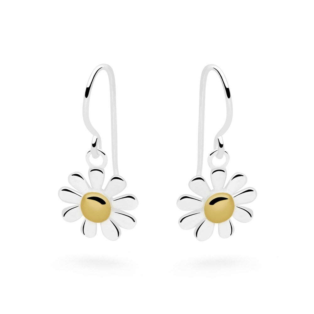 A pair of silver drop earrings with gold plate accents in the shape of daisies on white background. 