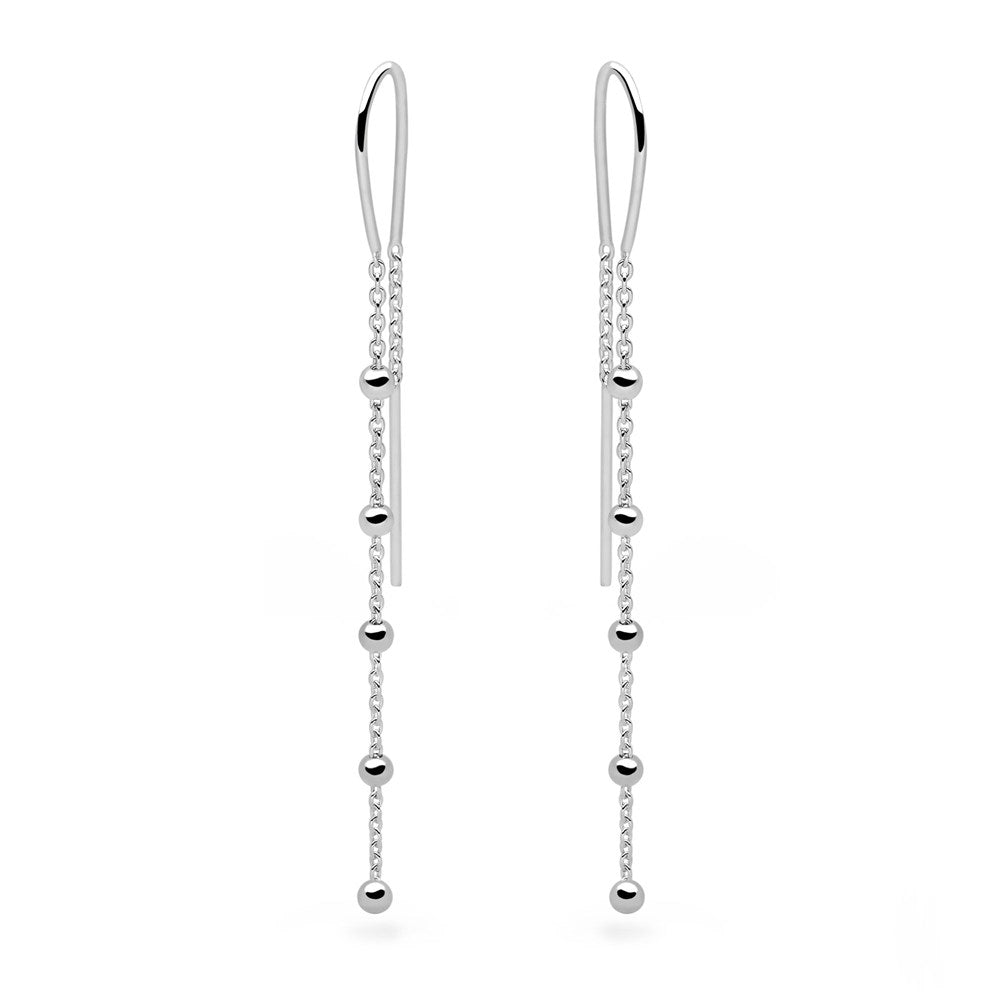 A pair of silver drop earrings with multiple small spherical beads attached to a long chain, displayed against a white background.
