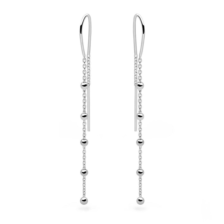 A pair of silver drop earrings with multiple small spherical beads attached to a long chain, displayed against a white background.
