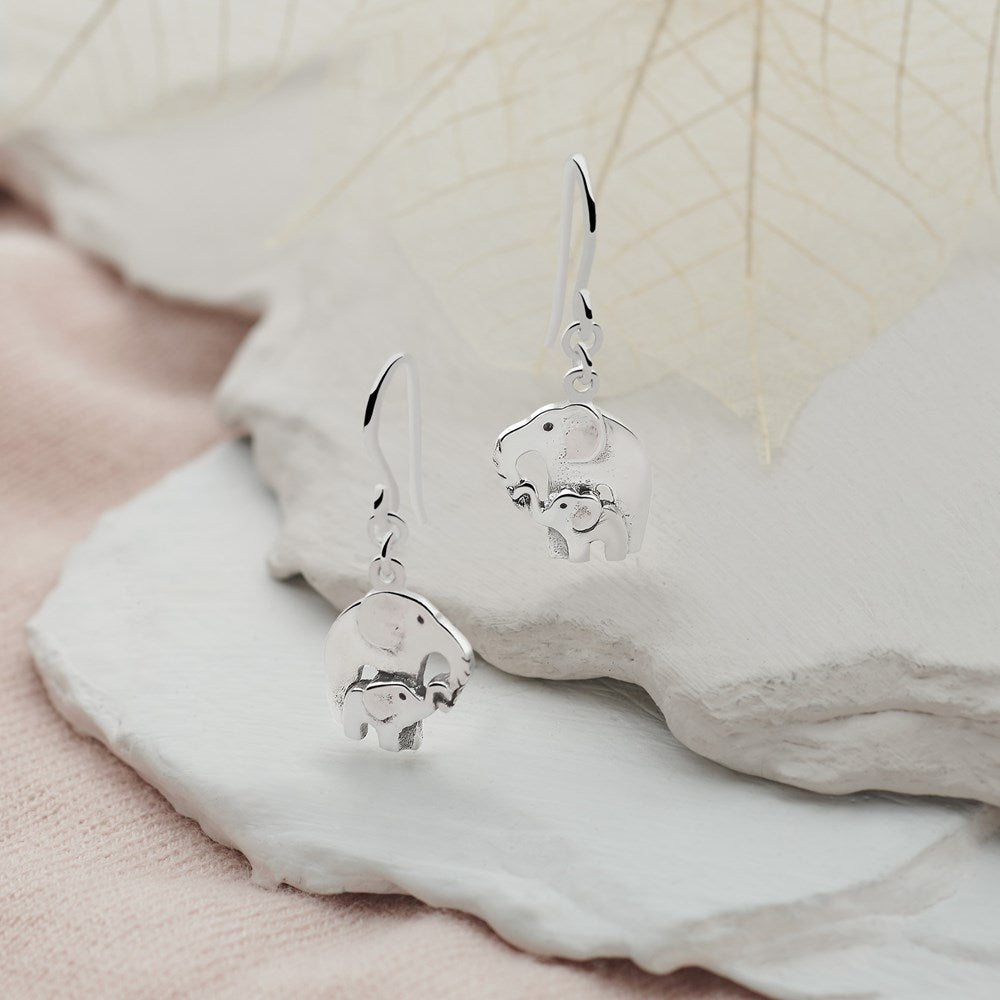 A pair of 925 sterling silver earrings featuring a mother elephant and her baby elephant design with a high polish finish.