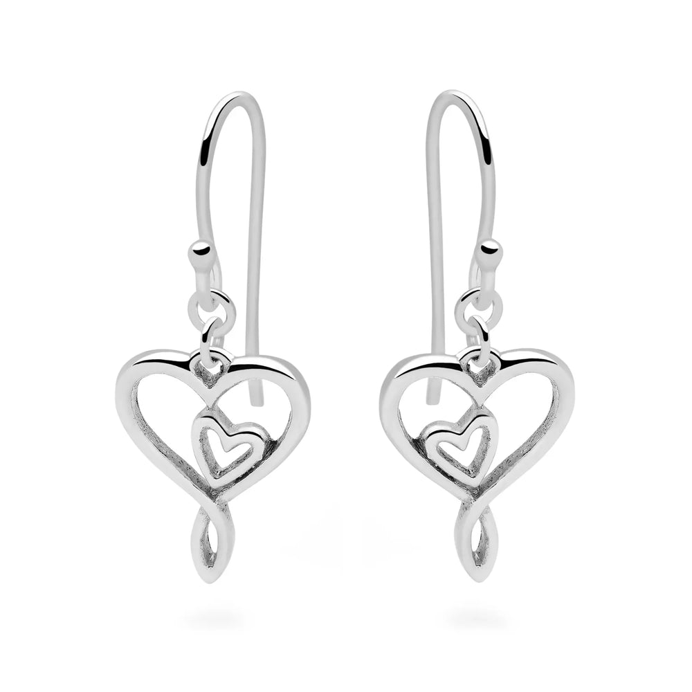 A pair of silver earrings designed with two hearts entwined together.