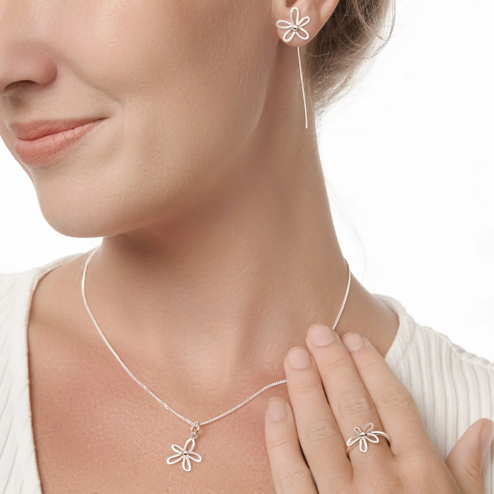 A silver ring with a daisy flower design on the top, featuring a high polish finish on the flower and a satin finish band.