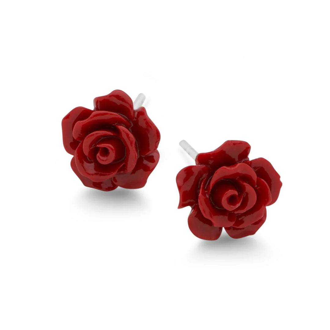 Red rose-shaped earrings on a white background