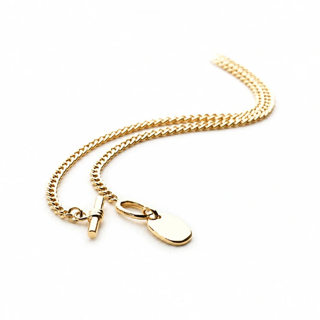 Designer 14k gold plated chain with a cool retro T-bar clasp. Classic style in a high quality finish.