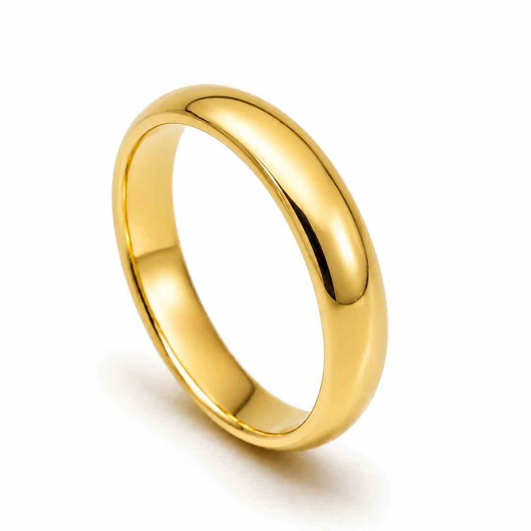 High quality 14k gold plated D-shaped band ring with smooth curved edges. Perfect for a sleek, promise ring, engagement ring or wedding band.