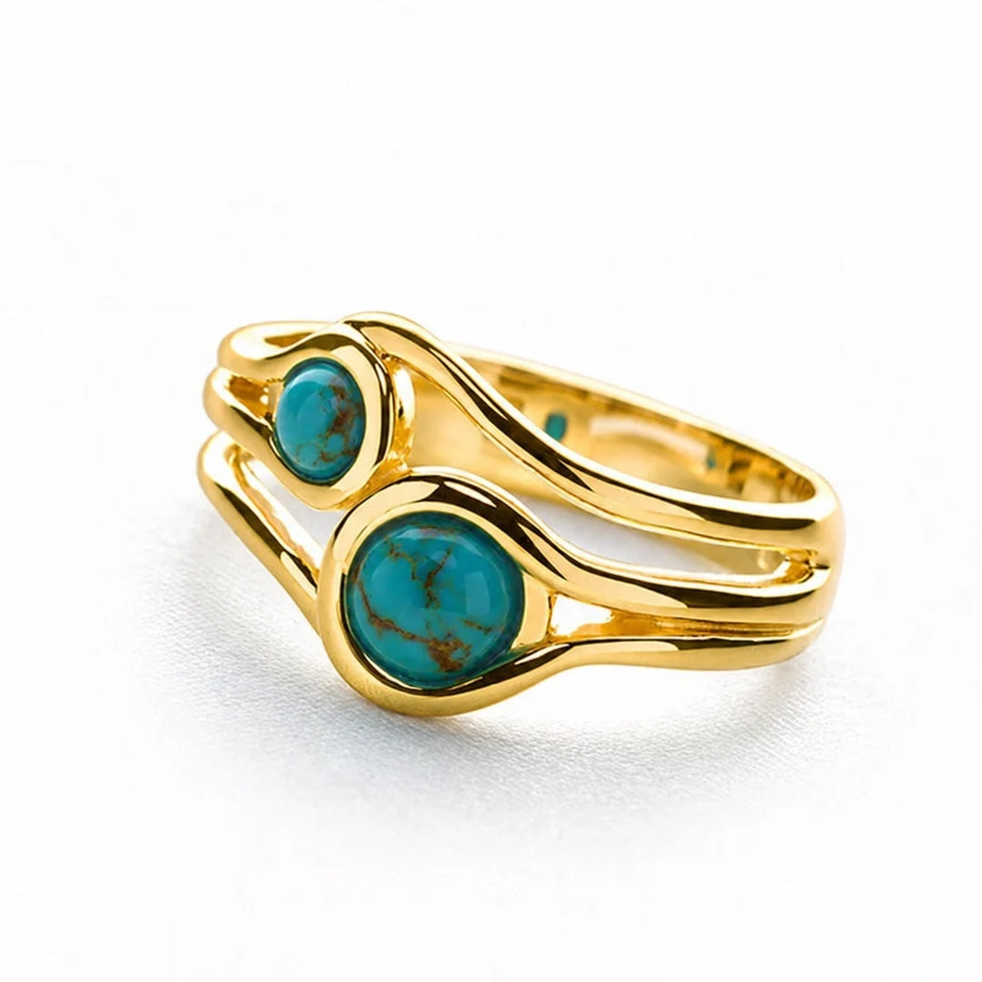 Tropical Pools ring with genuine turquoise in twin bands and high polish gold plated design. 