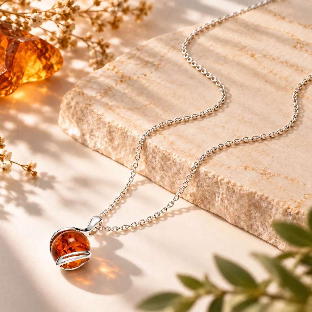 Silver Sphere Amber Necklace