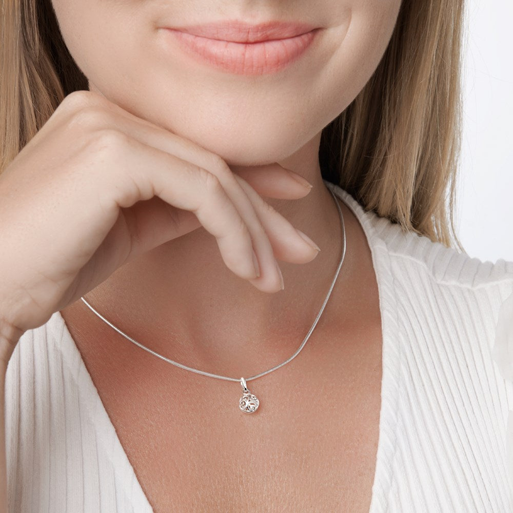 Rococo Silver Pendant on woman model. 925 sterling silver. 