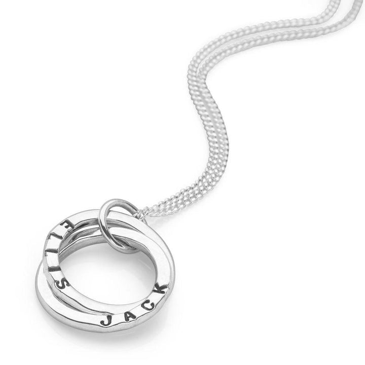 Two intertwined925 sterling silver personalised rings on a curb chain (P25161)