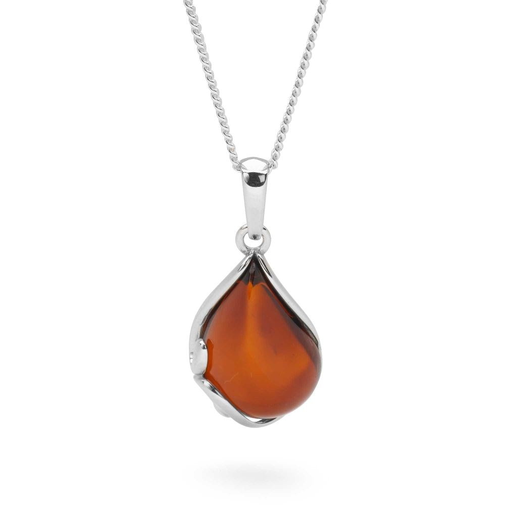 A teardrop-shaped amber pendant set in silver, accompanied by a 40cm curb chain, displayed on a white background. 