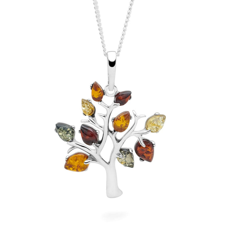 A silver pendant featuring a tree design with multiple amber stones in various shades of green, yellow, and orange, attached to a 40cm curb chain.