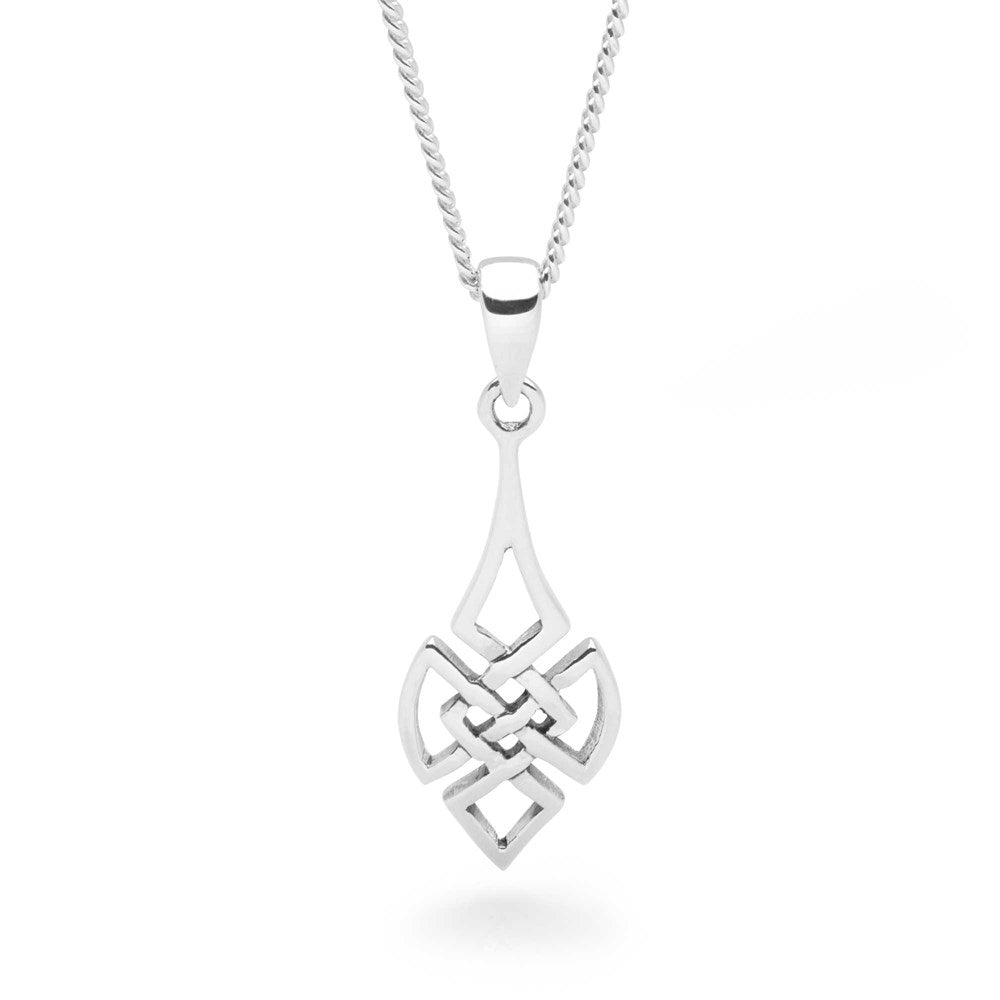 A silver Celtic knotwork pendant with a loop for attachment, displayed against a white background.