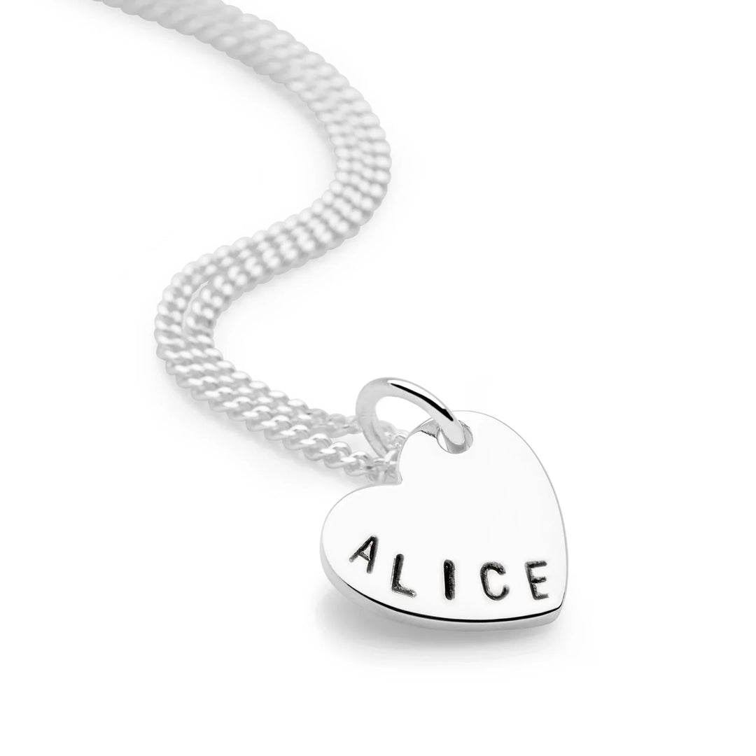 Silver necklace with a heart-shaped pendant engraved with 'ALICE' on a white background. Love heart personalised pendant 925. 