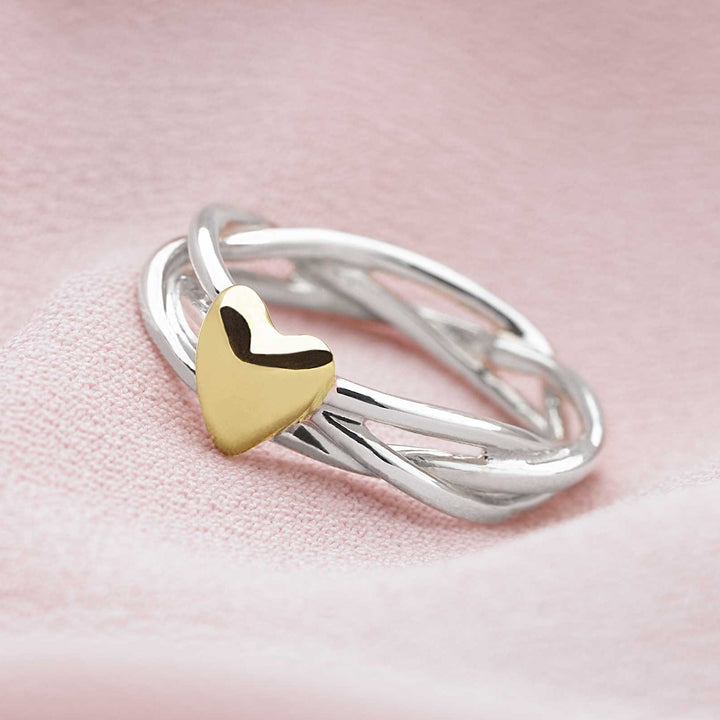 925 sterling silver triple woven ring with gold plate heart (R10081) side view