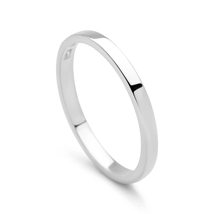 A flat silver band ring with a smooth finish and a ring width of 2mm. 925 sterling silver.