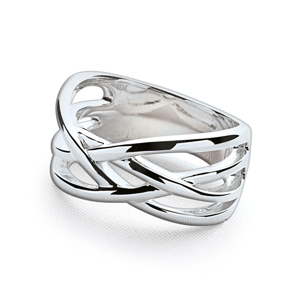 A wide sterling silver crossover ring with smooth, intertwined multi-strand lattice bands.