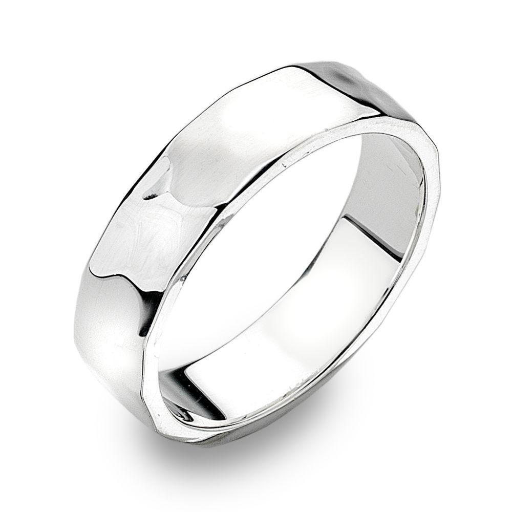 Heavyweight 925 sterling silver ring with a flat, hammered finish 5 mm white background. 