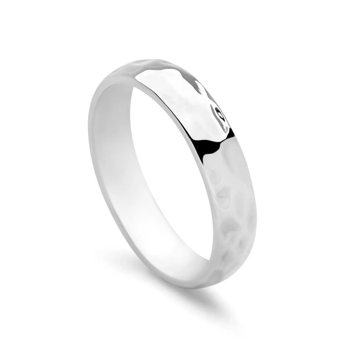 Hammered D-Shaped Silver Band Ring 4mm
