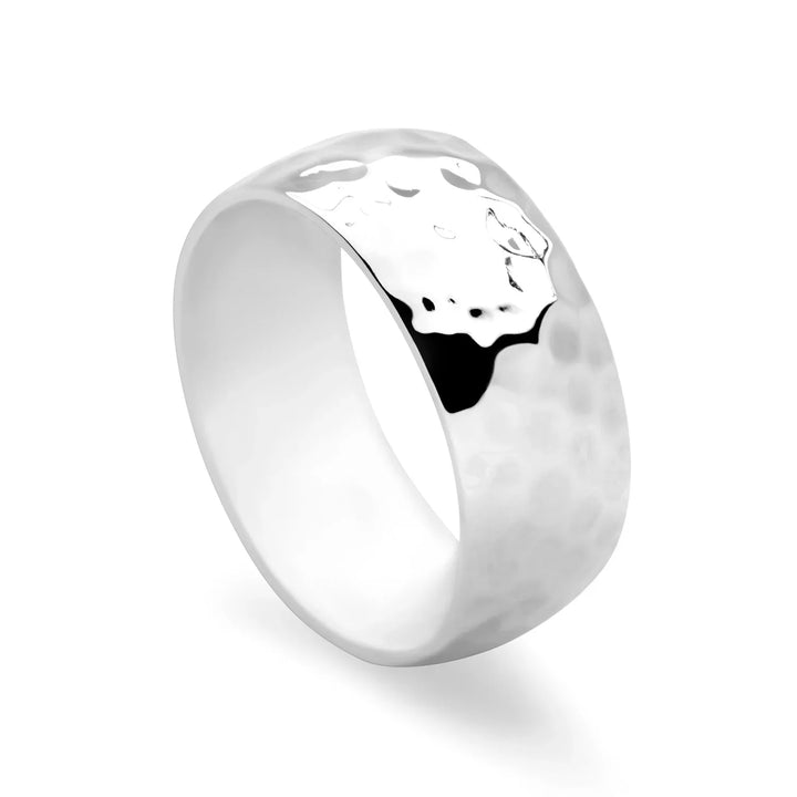 A silver band ring with a hammered finish, displayed on a white background.