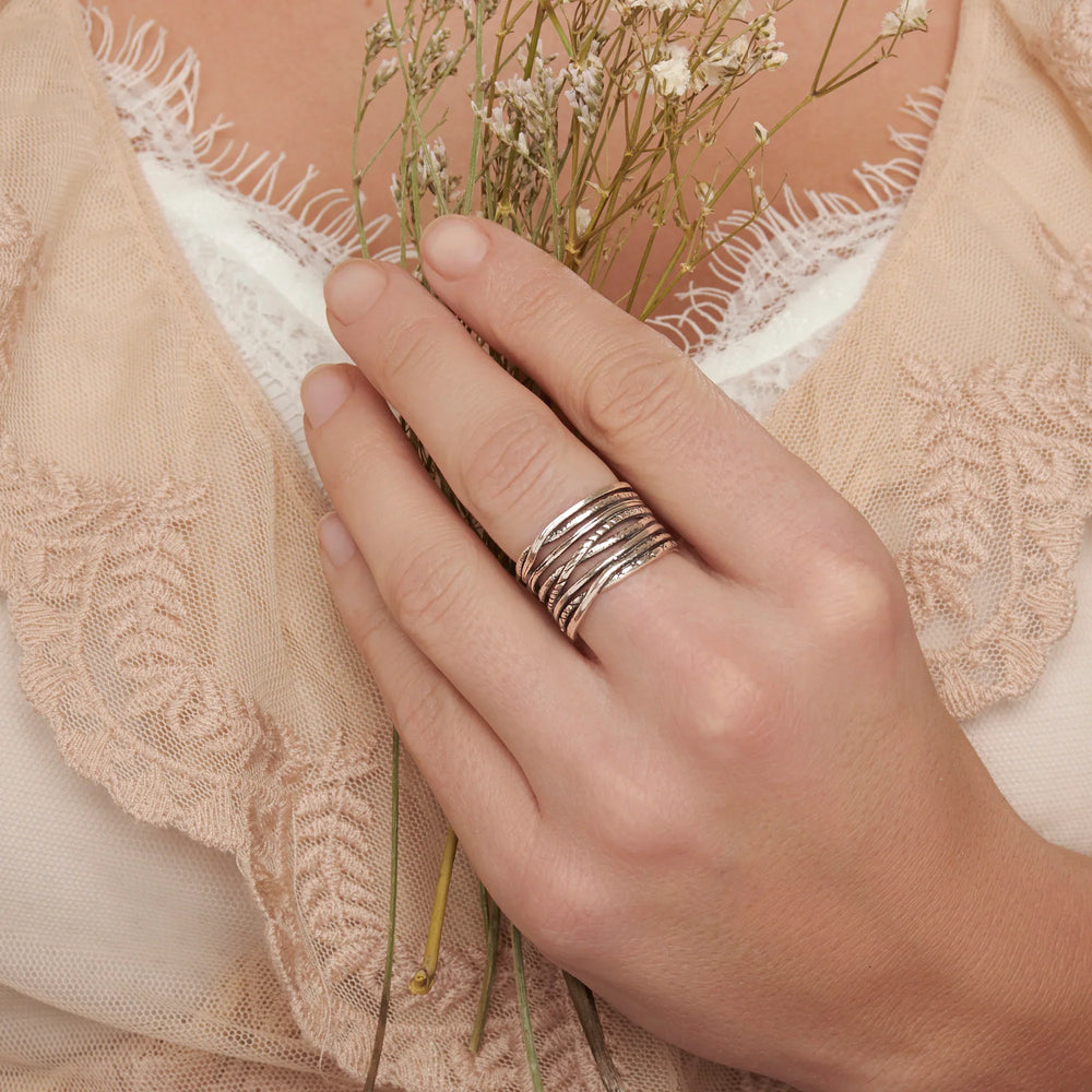 A hand-crafted oxidised silver band ring with textured patterns on model. 
