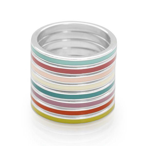 Stack of coloured enamel with polished 925 sterling silver finish rings