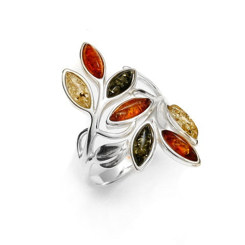 A multicolor Baltic amber leaf ring in a sterling silver vine setting with cognac, green, and lemon yellow marquise stones.